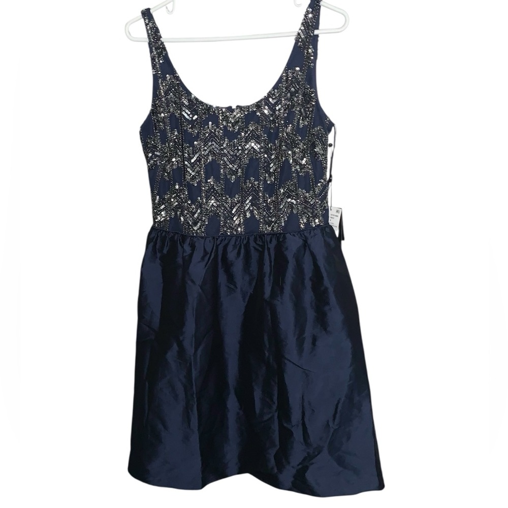 Adrianna Papell Navy Blue Zag Beaded  Taffeta Mini Dress